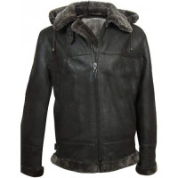 Men's Aviator Flight Fur Shearling B3 Hooded Black Leather Jacket