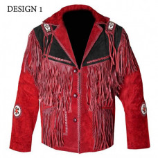 Men Western Cowboy Beads Fringe Red Suede Leather Jacket
