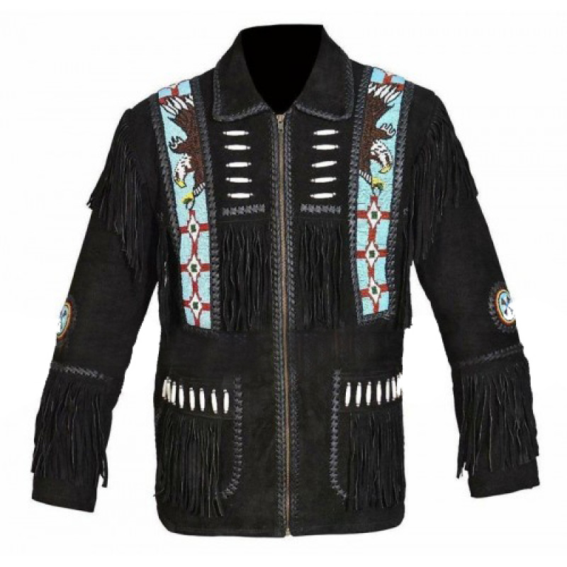 Men Native American Eagle Beads Western Fringes Suede Jacket