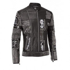 Men Philipp Plein Punk Rock Studded Black Leather Jacket
