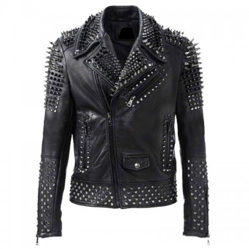 Men's Punk Rock Silver Spikes Studded Black Brando Biker Leather Jacket