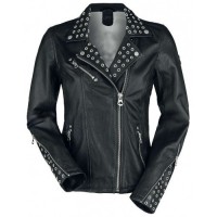 Women Slim Fit Moto Biker Black Studded Leather Jacket 