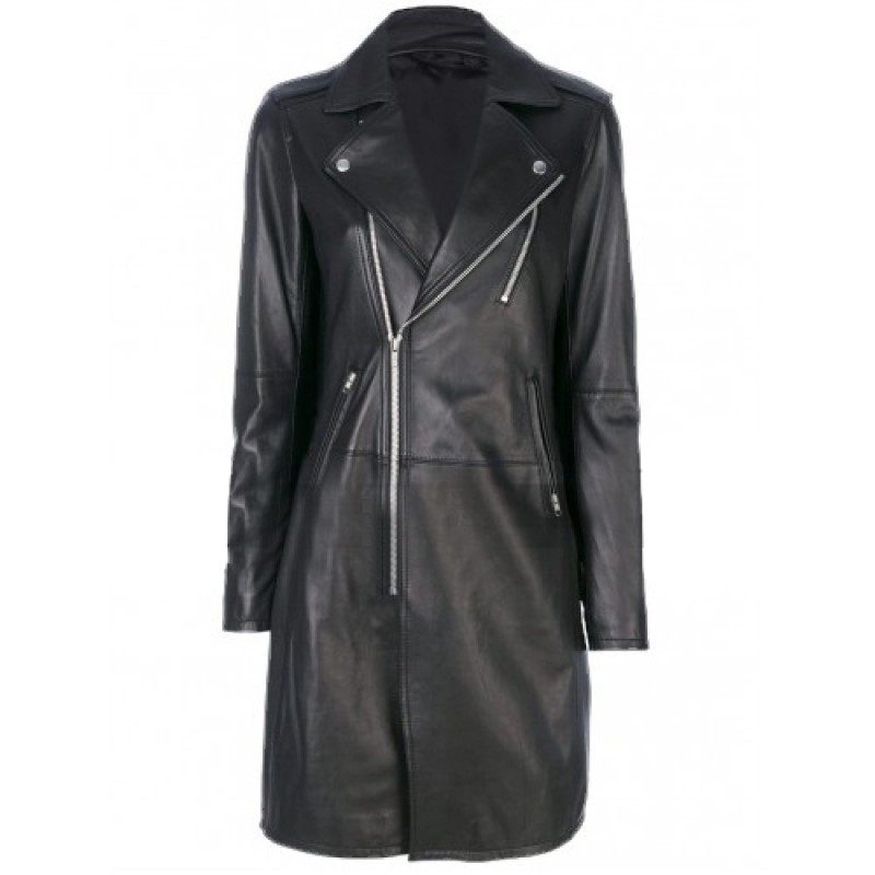 Womens Slim Fit Mid Length Lapel Collar Black Leather Trench Coat