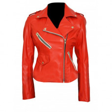 Charlotte McKinney Slim Fit Brando Biker Red Leather Jacket