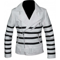 Katie Holmes Black Stripes Belted Biker White Leather Jacket