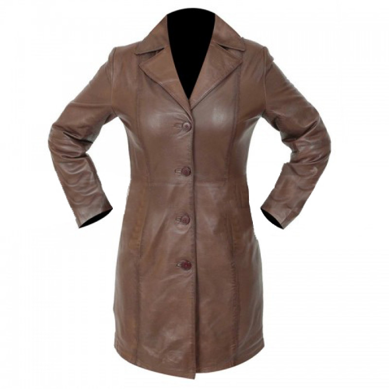 Women's Lambskins Knee Length Brown Leather Trench Coat