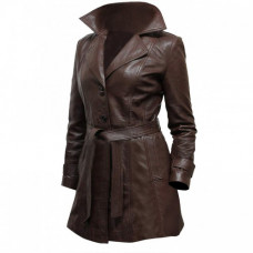 Vintage Long Length Belted Style Women's Sheepskin Brown Leather Coat 