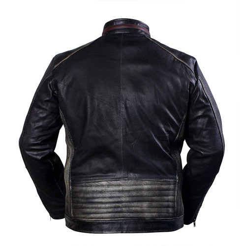 Retro Men`s Vintage Distressed Biker Motorcycle Black Leather Jacket