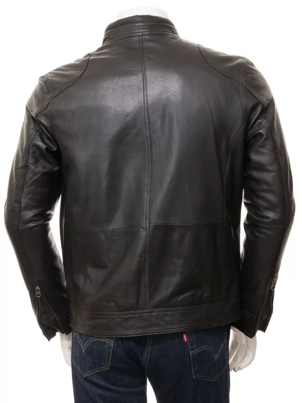 Black Leather Double Pockets Biker Jacket Men's