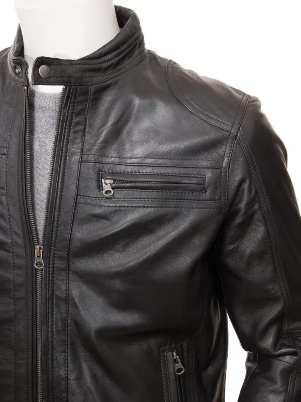 Black Leather Double Pockets Biker Jacket Men's