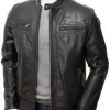 Black Leather Double Pockets Biker Jacket Men's