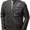 Black Leather Double Pockets Biker Jacket Men's