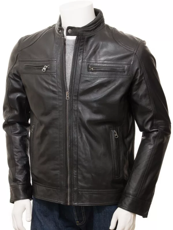 Black Leather Double Pockets Biker Jacket Men's