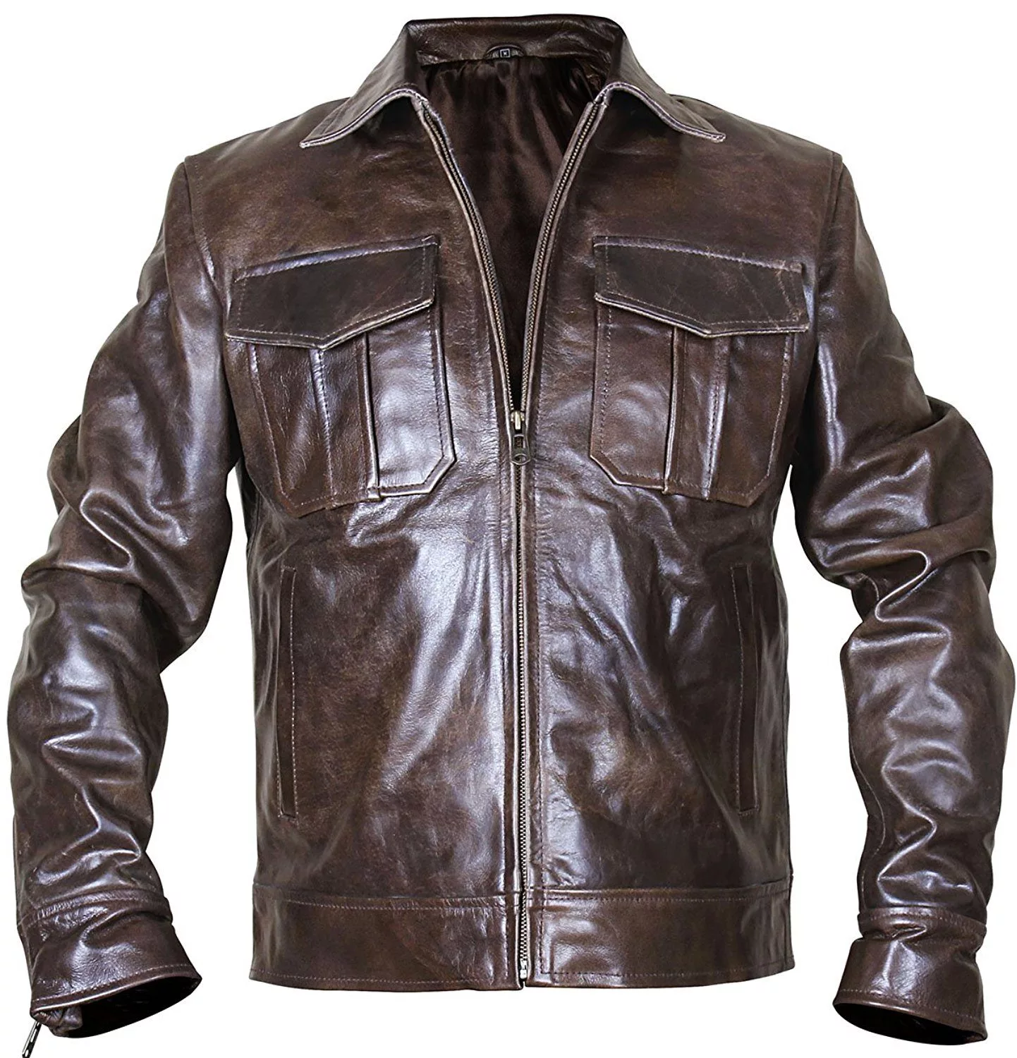 LP-FACON Men's Vintage Biker Leather Jacket - Distressed Brown, Viscose Lining, Side Zipper Pockets
